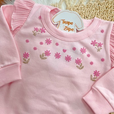 Conj. Casaco Floral de Moletom com Babadinhos e Calça Ribana Flare - Rosa